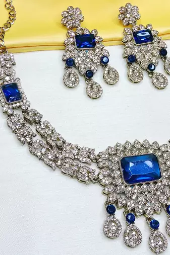 Blue yellow gold premium designer american diamond and stone work necklace set