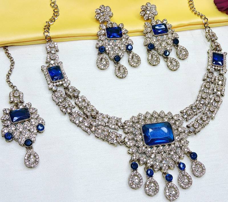 Blue yellow gold premium designer american diamond and stone work necklace set