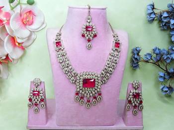 Pink yellow gold premium designer american diamond and stone work necklace set 1