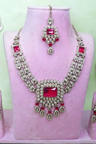 Pink yellow gold premium designer american diamond and stone work necklace set
