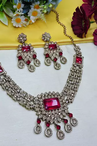 Pink yellow gold premium designer american diamond and stone work necklace set