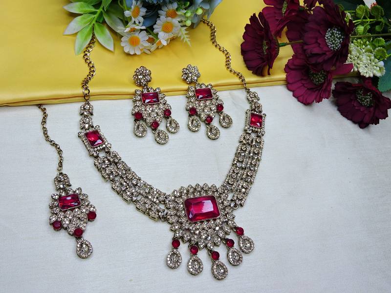 Pink yellow gold premium designer american diamond and stone work necklace set