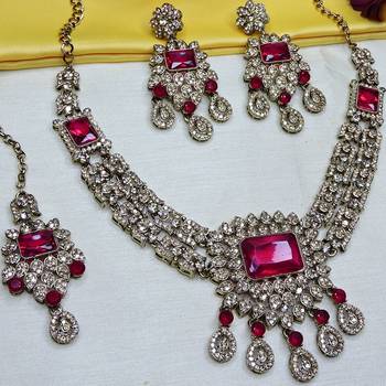 Pink yellow gold premium designer american diamond and stone work necklace set 3