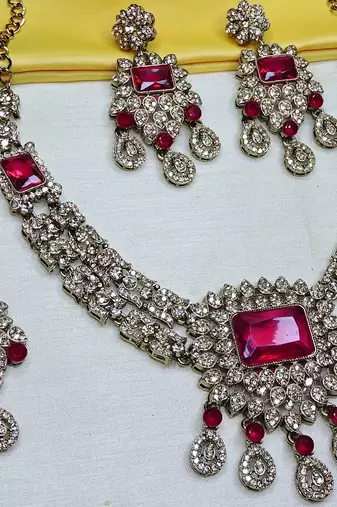 Pink yellow gold premium designer american diamond and stone work necklace set