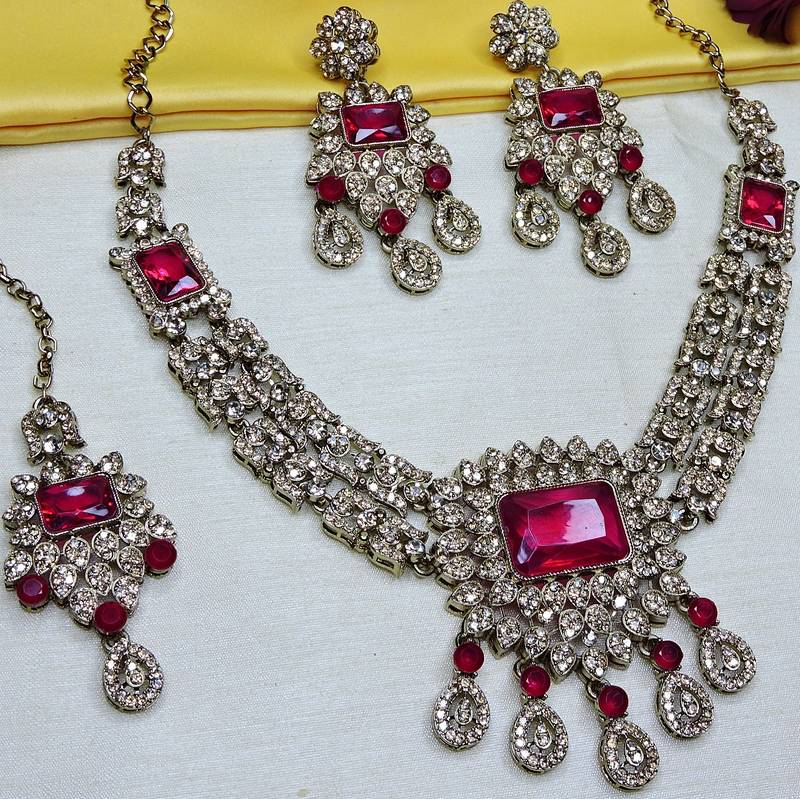 Pink yellow gold premium designer american diamond and stone work necklace set