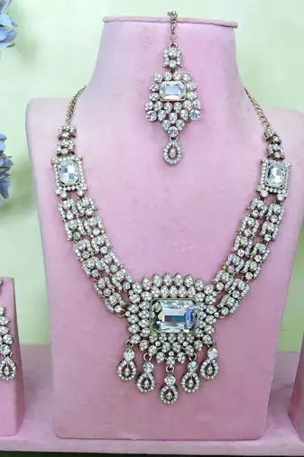 White yellow gold premium designer american diamond and stone work necklace set