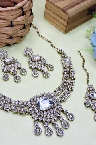 White yellow gold premium designer american diamond and stone work necklace set