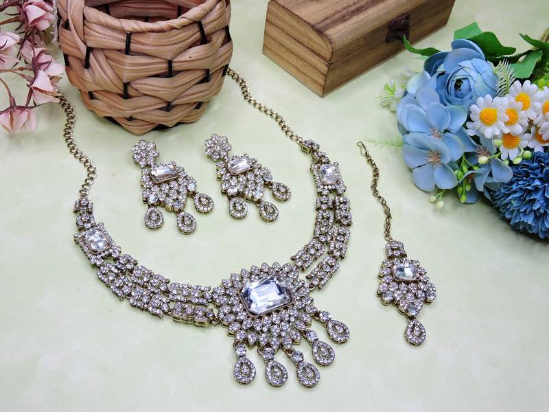 White yellow gold premium designer american diamond and stone work necklace set