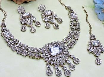 White yellow gold premium designer american diamond and stone work necklace set 3