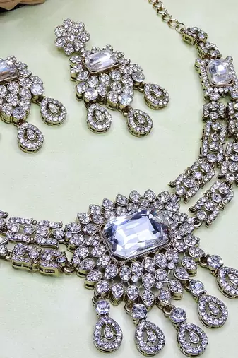 White yellow gold premium designer american diamond and stone work necklace set