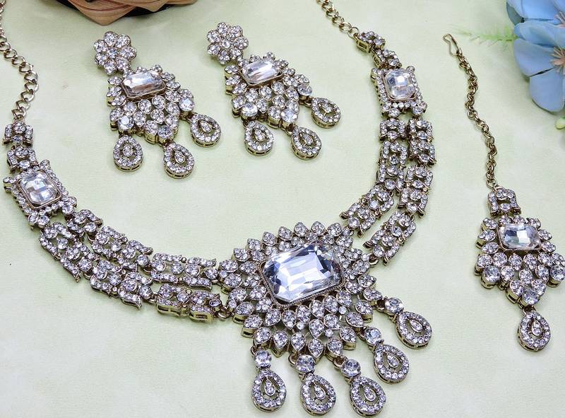 White yellow gold premium designer american diamond and stone work necklace set