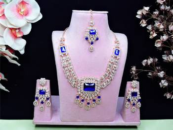 Blue rose gold premium designer american diamond and stone work necklace set 1