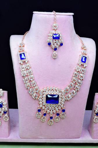 Blue rose gold premium designer american diamond and stone work necklace set