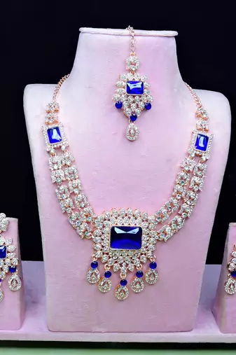 Blue rose gold premium designer american diamond and stone work necklace set