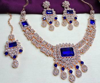 Blue rose gold premium designer american diamond and stone work necklace set 2