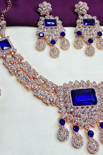 Blue rose gold premium designer american diamond and stone work necklace set