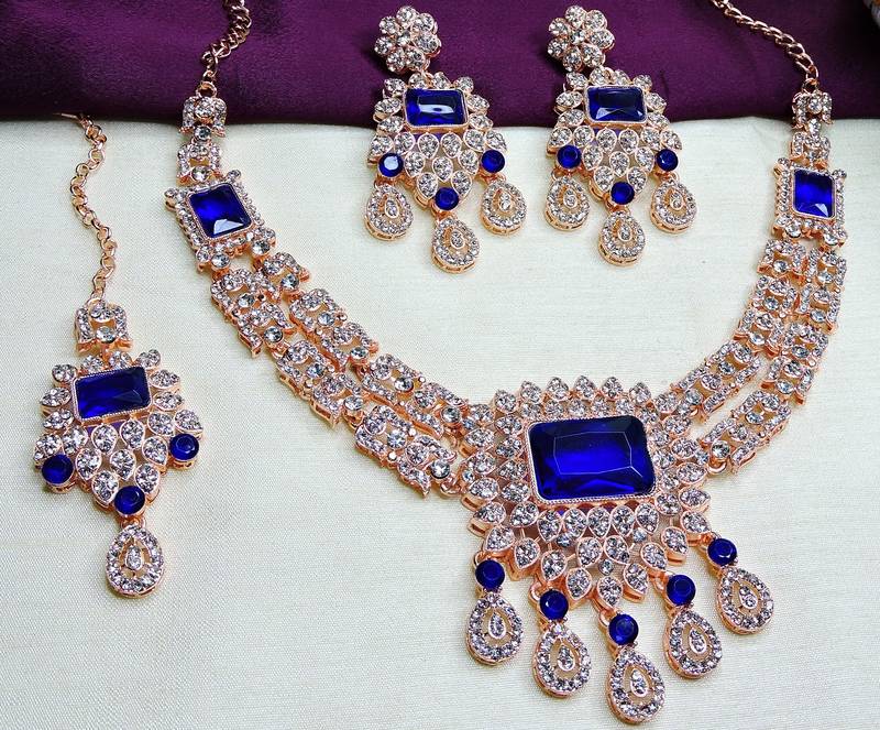 Blue rose gold premium designer american diamond and stone work necklace set