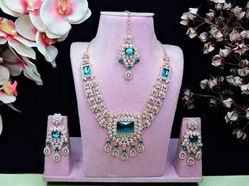Green rose gold premium designer american diamond and stone work necklace set 1