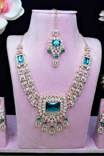 Green rose gold premium designer american diamond and stone work necklace set