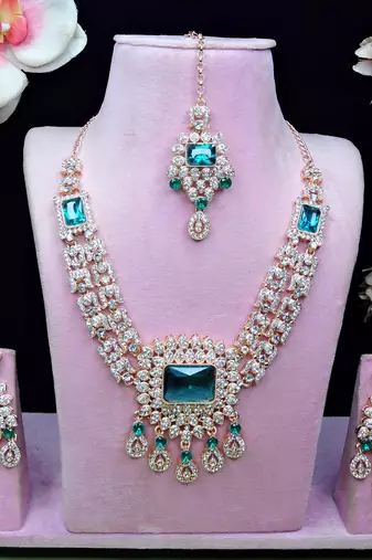 Green rose gold premium designer american diamond and stone work necklace set