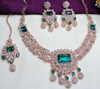 Green rose gold premium designer american diamond and stone work necklace set 2