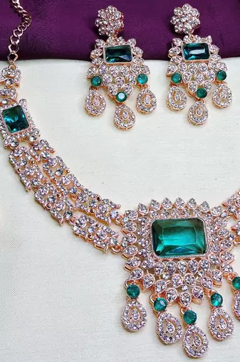 Green rose gold premium designer american diamond and stone work necklace set