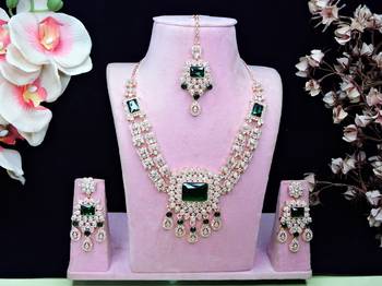Green rose gold premium designer american diamond and stone work necklace set 1