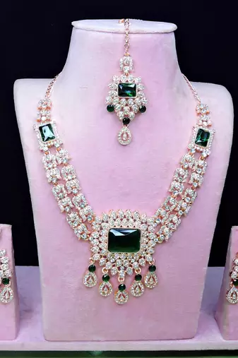 Green rose gold premium designer american diamond and stone work necklace set