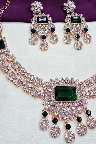 Green rose gold premium designer american diamond and stone work necklace set