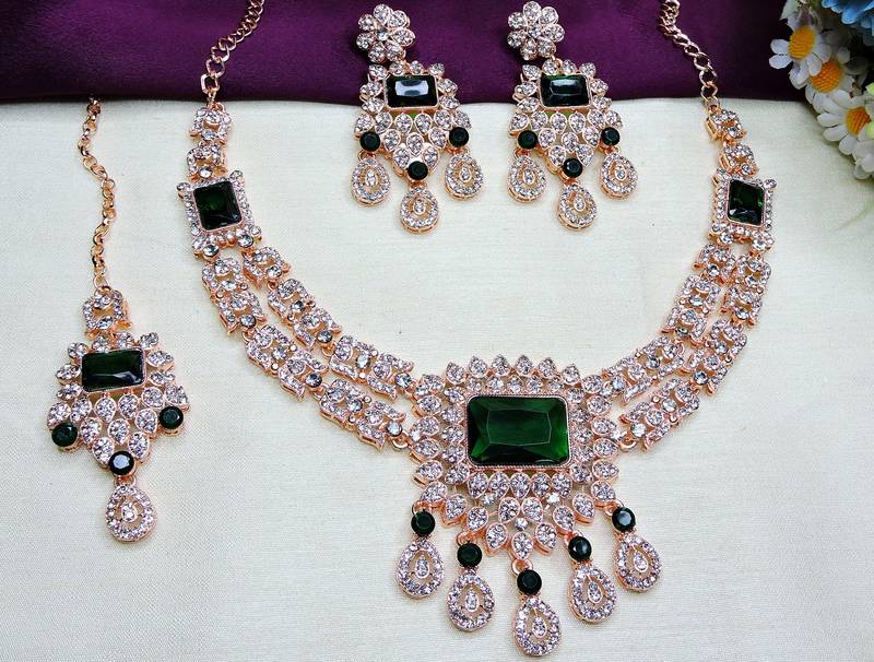 Green rose gold premium designer american diamond and stone work necklace set