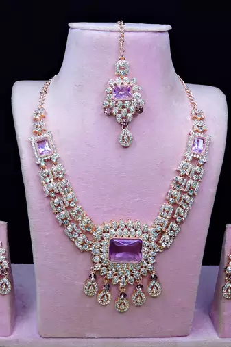 Purple rose gold premium designer american diamond and stone work necklace set