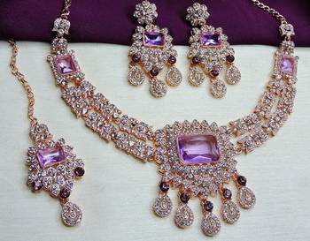 Purple rose gold premium designer american diamond and stone work necklace set 2