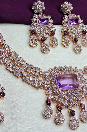 Purple rose gold premium designer american diamond and stone work necklace set