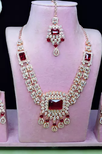 Maroon rose gold premium designer american diamond and stone work necklace set
