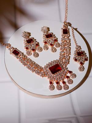 Maroon rose gold premium designer american diamond and stone work necklace set 2