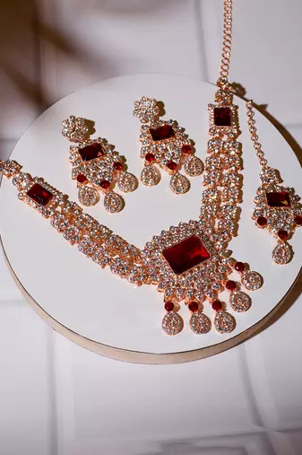 Maroon rose gold premium designer american diamond and stone work necklace set