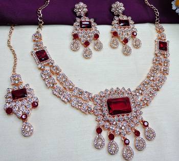 Maroon rose gold premium designer american diamond and stone work necklace set 3
