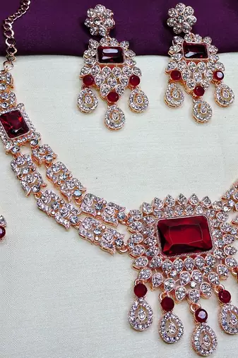Maroon rose gold premium designer american diamond and stone work necklace set