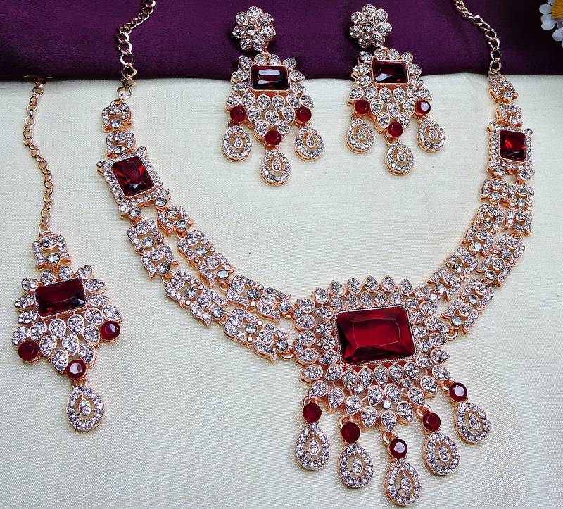 Maroon rose gold premium designer american diamond and stone work necklace set
