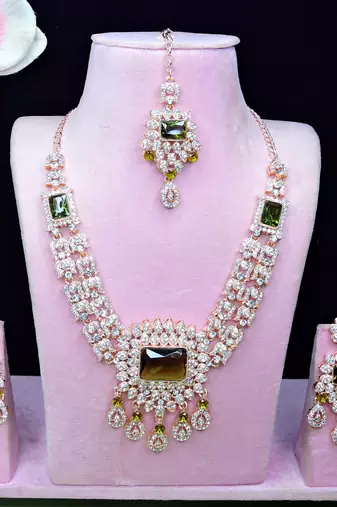 Green rose gold premium designer american diamond and stone work necklace set