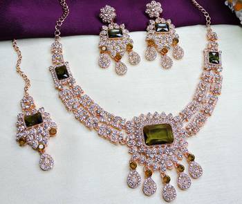 Green rose gold premium designer american diamond and stone work necklace set 2