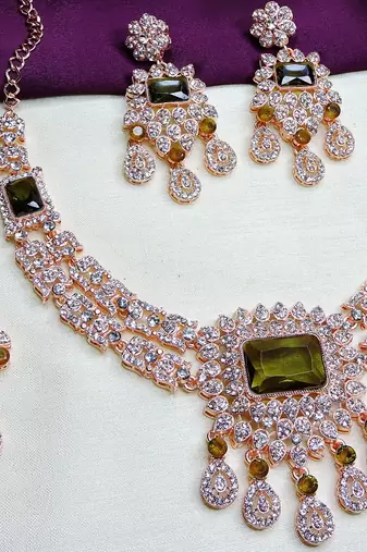 Green rose gold premium designer american diamond and stone work necklace set