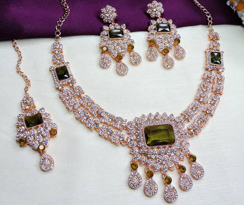 Green rose gold premium designer american diamond and stone work necklace set