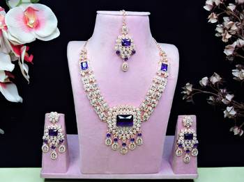 Blue rose gold premium designer american diamond and stone work necklace set 1