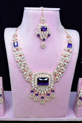 Blue rose gold premium designer american diamond and stone work necklace set