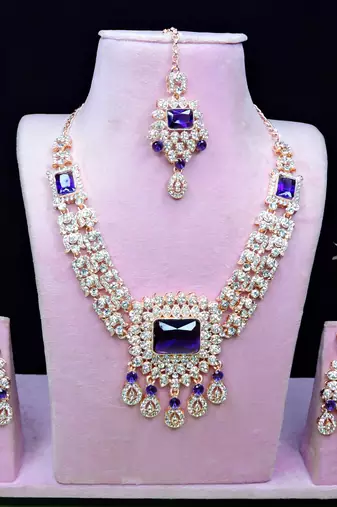 Blue rose gold premium designer american diamond and stone work necklace set