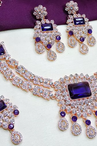 Blue rose gold premium designer american diamond and stone work necklace set