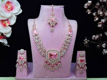 Pink rose gold premium designer american diamond and stone work necklace set 1