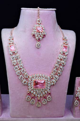 Pink rose gold premium designer american diamond and stone work necklace set