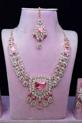 Pink rose gold premium designer american diamond and stone work necklace set
